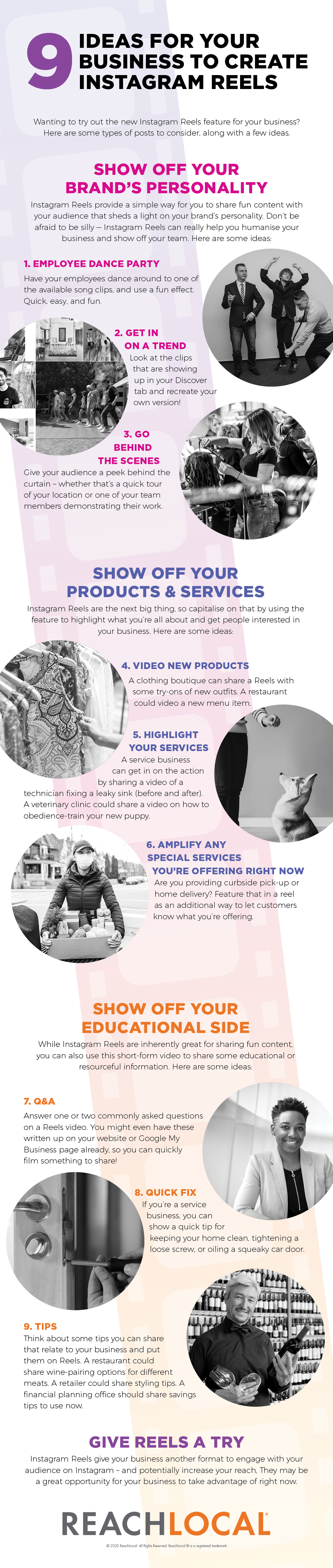 Infographic with nine ideas for businesses to create Instagram Reels from ReachLocal